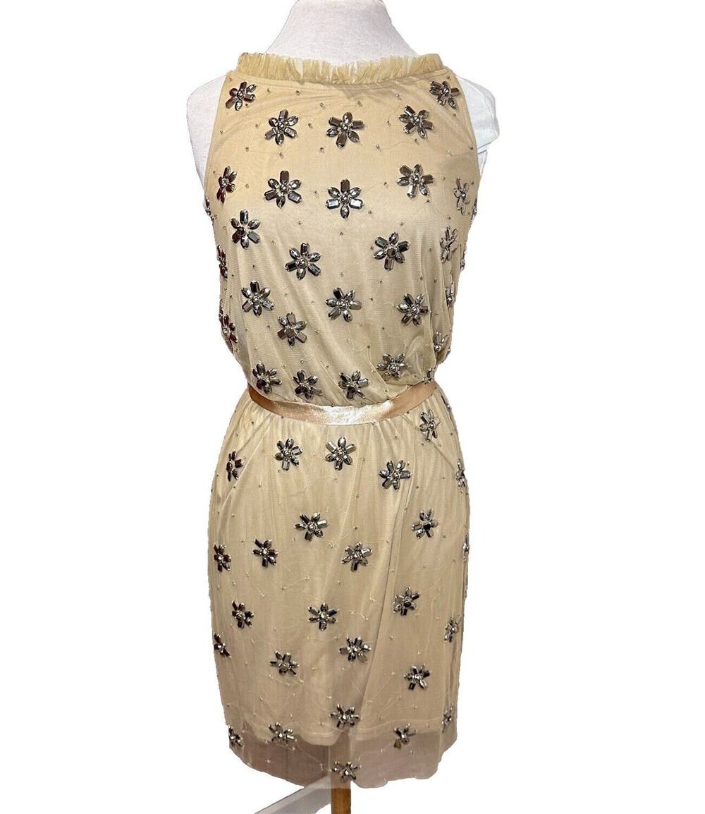 Adrianna Papell Beaded Floral Cocktail Dress Womens 8 Tan Evening Party